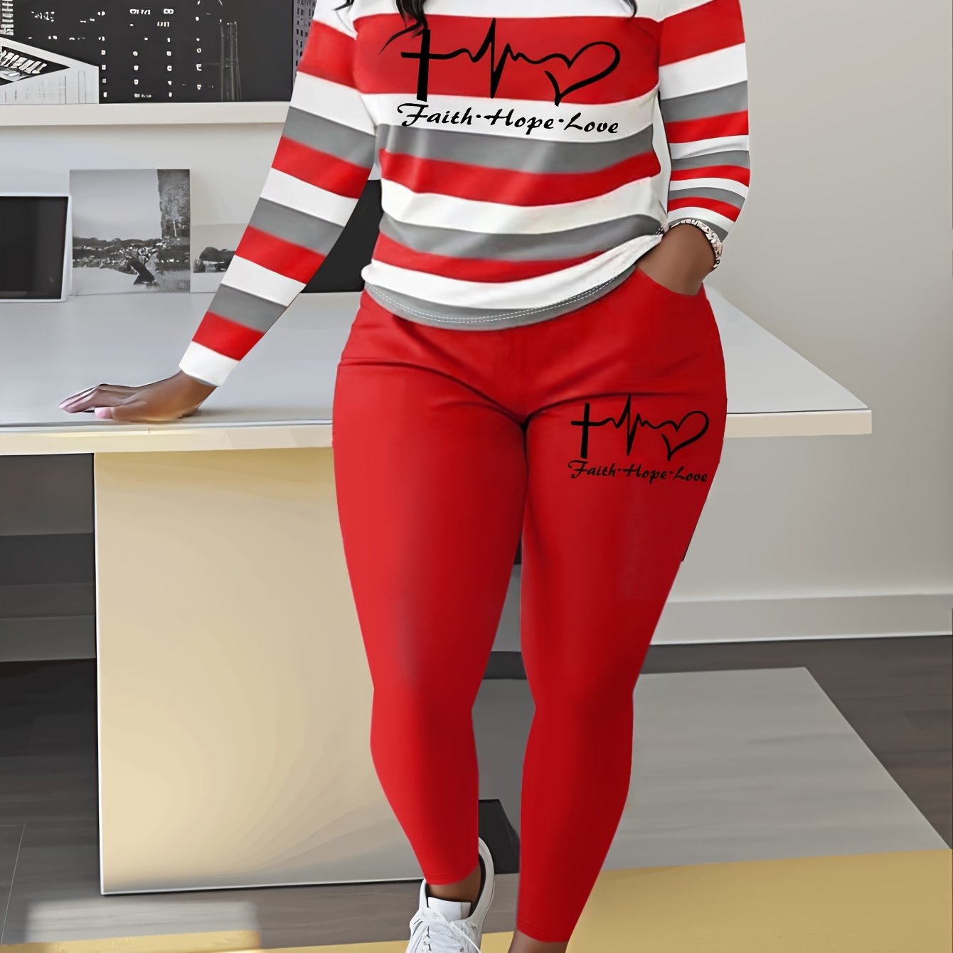 Plus Size Heart & Letter Print Two-piece Set Outfits