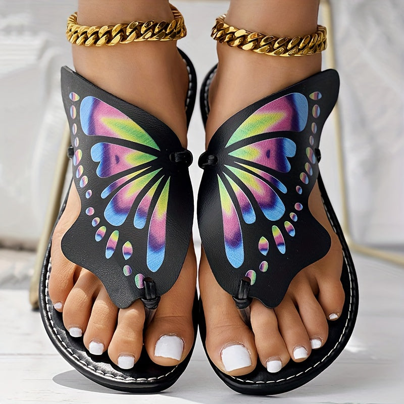 Women's Butterfly Flip Flops, Faux Leather Thong Slippers