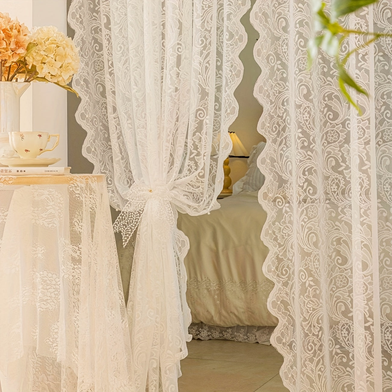 2D White Lace Curtain Semi Transparent Floral Pattern Rod Pocket Design for Living Room Bedroom Kitchen or Cafe Washable Polyester All Season Use