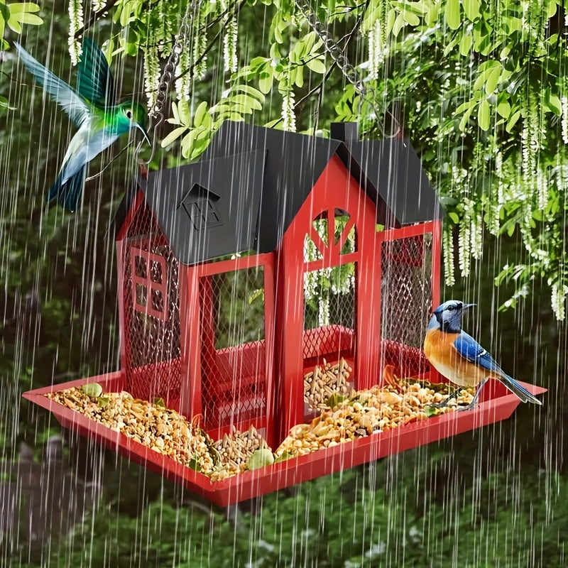 Metal Mesh Bird Feeder For Outdoor Hanging With Waterproof Roof And Seed Tray Large Capacity 4 Lbs For Garden Decoration