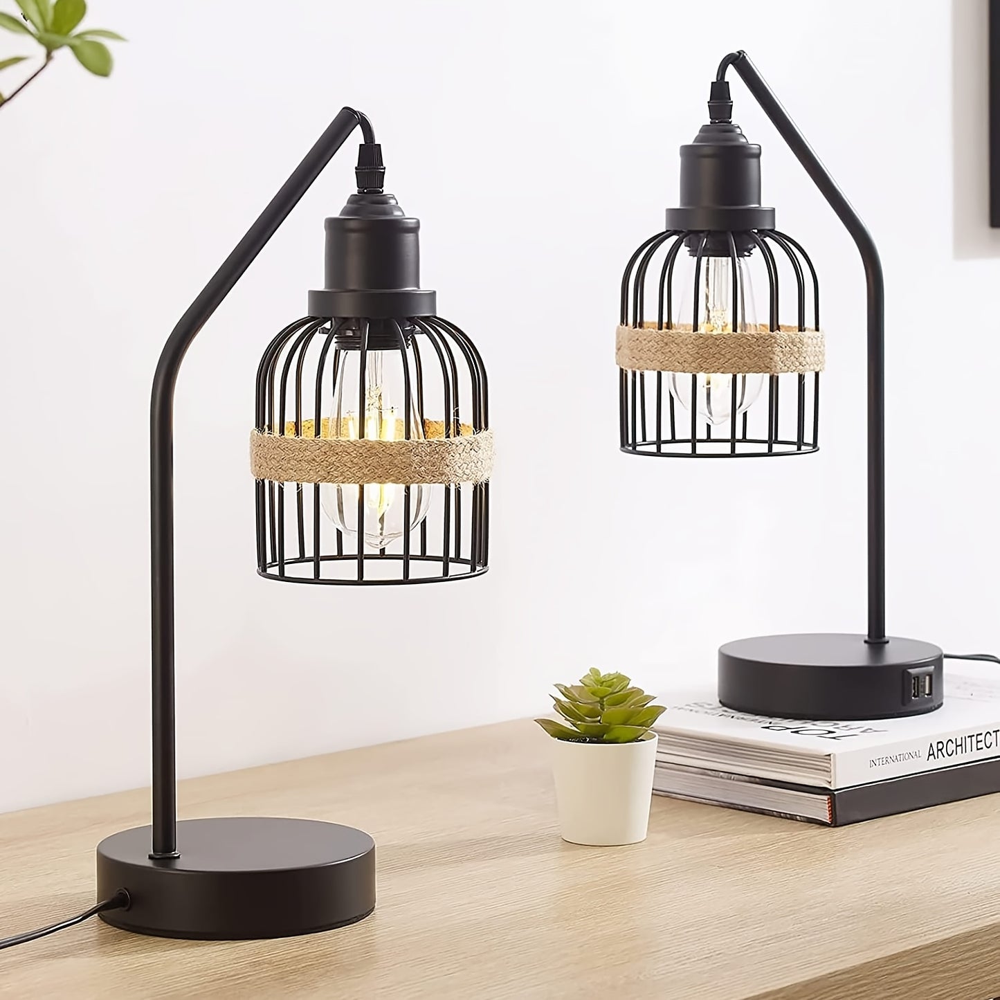 Matte Black 2 Pack 16 Inch Industrial Nightstand Table Lamp 3 Way Dimmable Touch Control Amber Glass Shade Dual USB Charging Ports Includes LED Filament Bulbs Small Desk Lamp for Living Room Bedroom Home Office