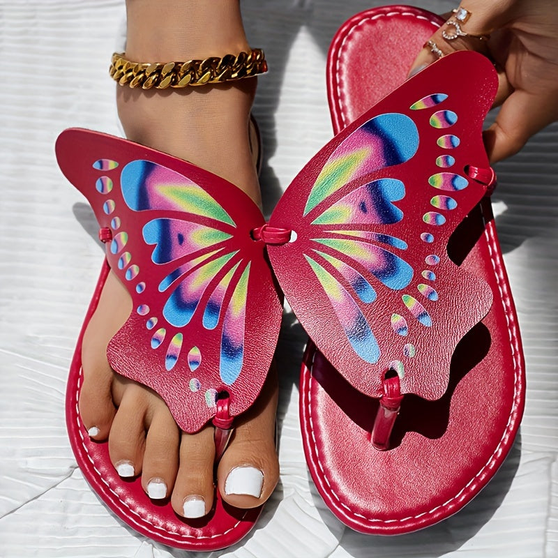 Women's Butterfly Flip Flops, Faux Leather Thong Slippers