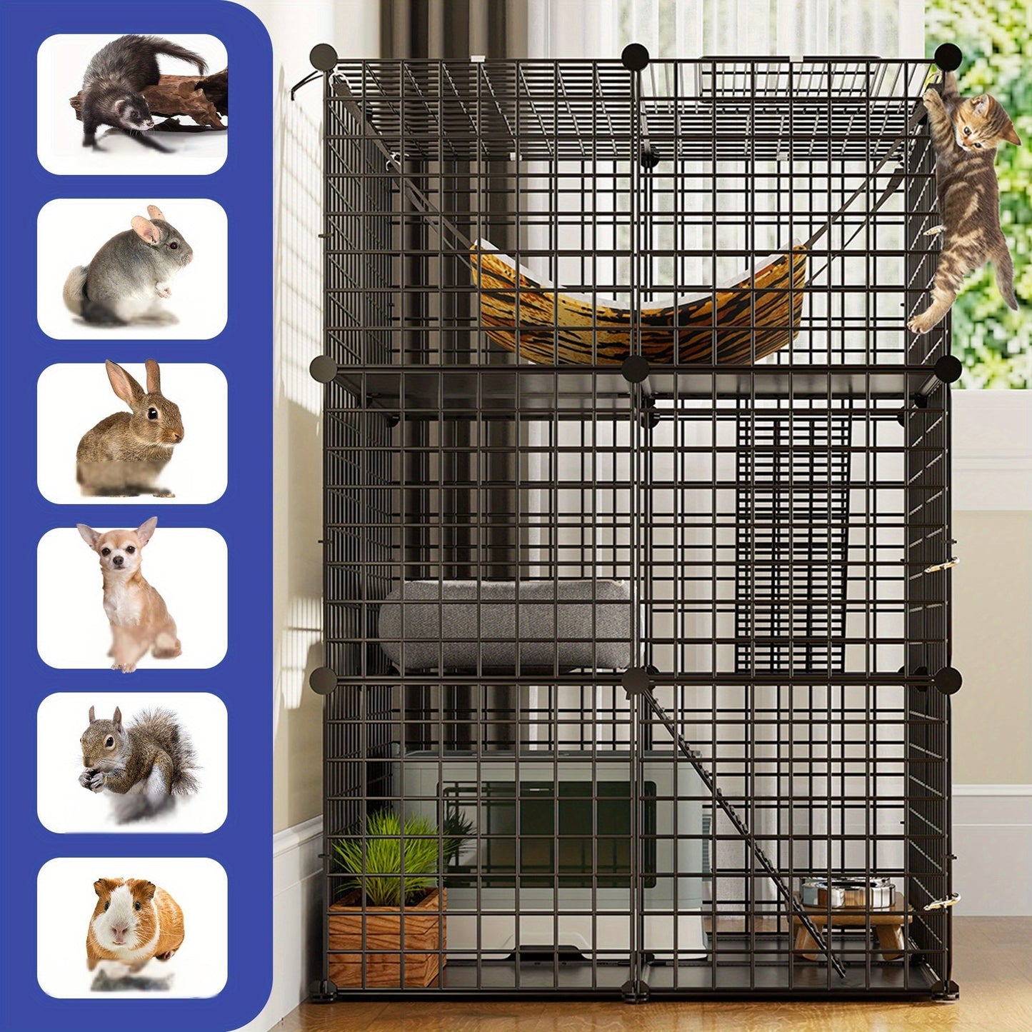 Indoor Outdoor Cat Cage DIY Cat Enclosure with 3 Level Metal Playpen and Oversized Hammock for One or Two Cats and Rabbits