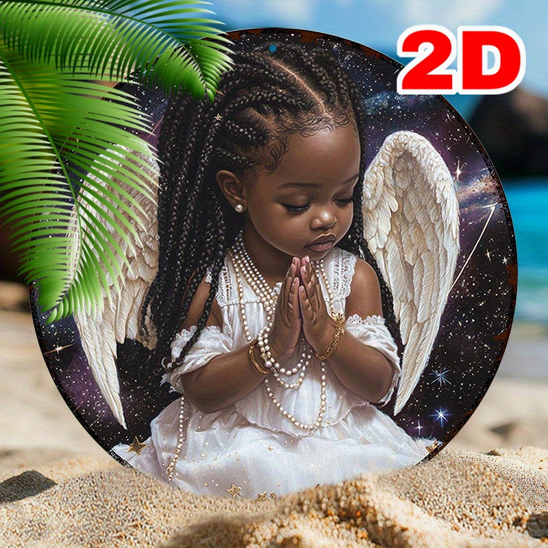 1pc 7.87x7.87 Inch Round Aluminum Sign Angelic Wall Art with Golden Wings Pearl Necklace Starry Night Sky Design Perfect for Bedroom Home Decor Inspirational Wall Decor