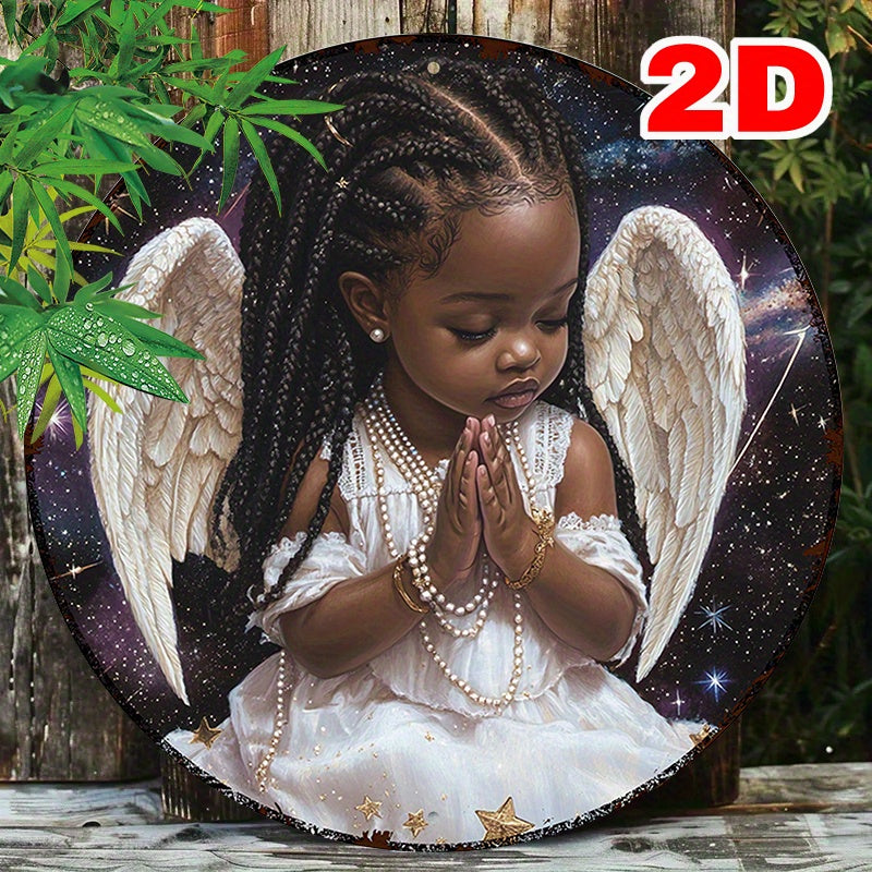 1pc 7.87x7.87 Inch Round Aluminum Sign Angelic Wall Art with Golden Wings Pearl Necklace Starry Night Sky Design Perfect for Bedroom Home Decor Inspirational Wall Decor
