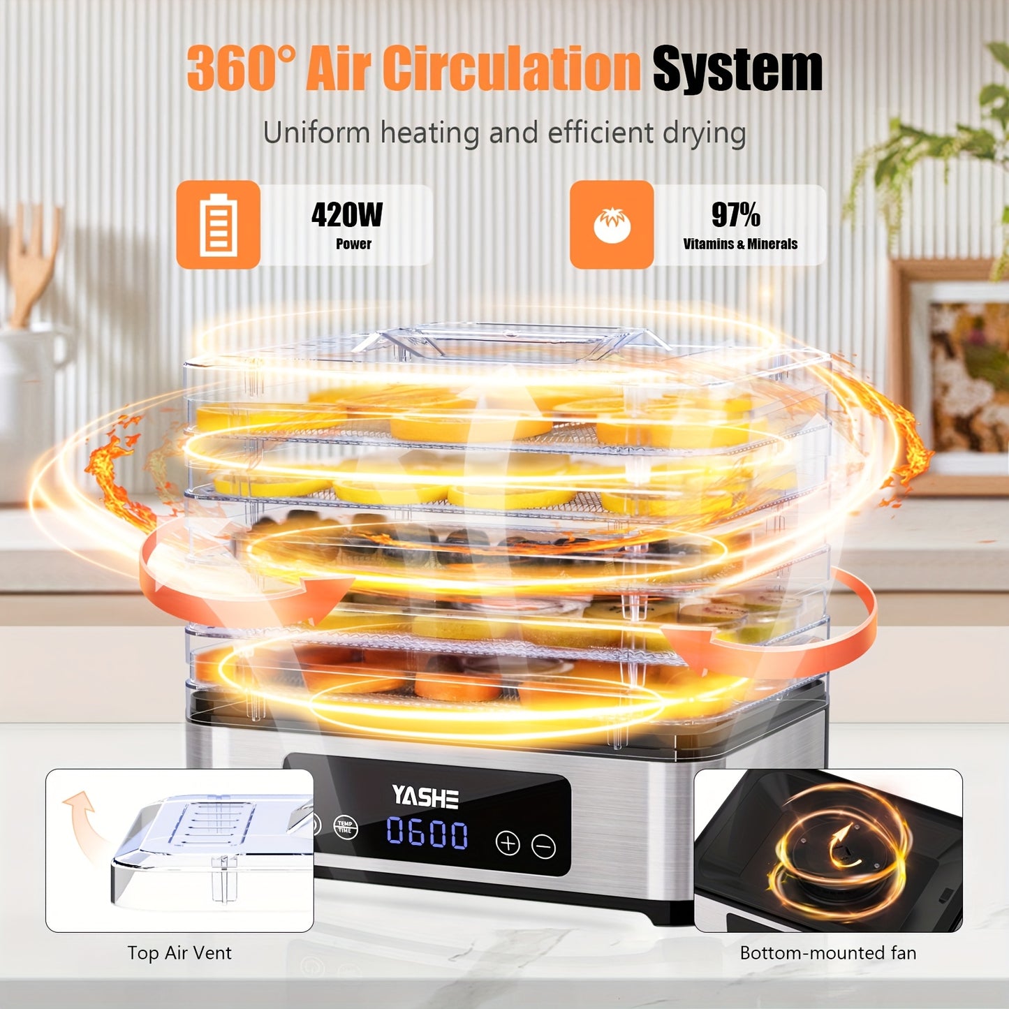 Food Dehydrator Machine - 5 Stainless Steel Trays 420W
