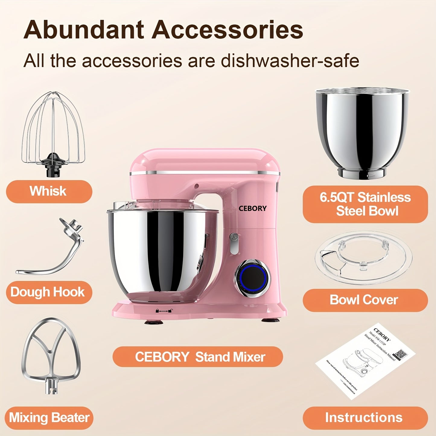 660W 10-Speed 3-IN-1 Electric Stand Mixer with 6.5QT Bowl