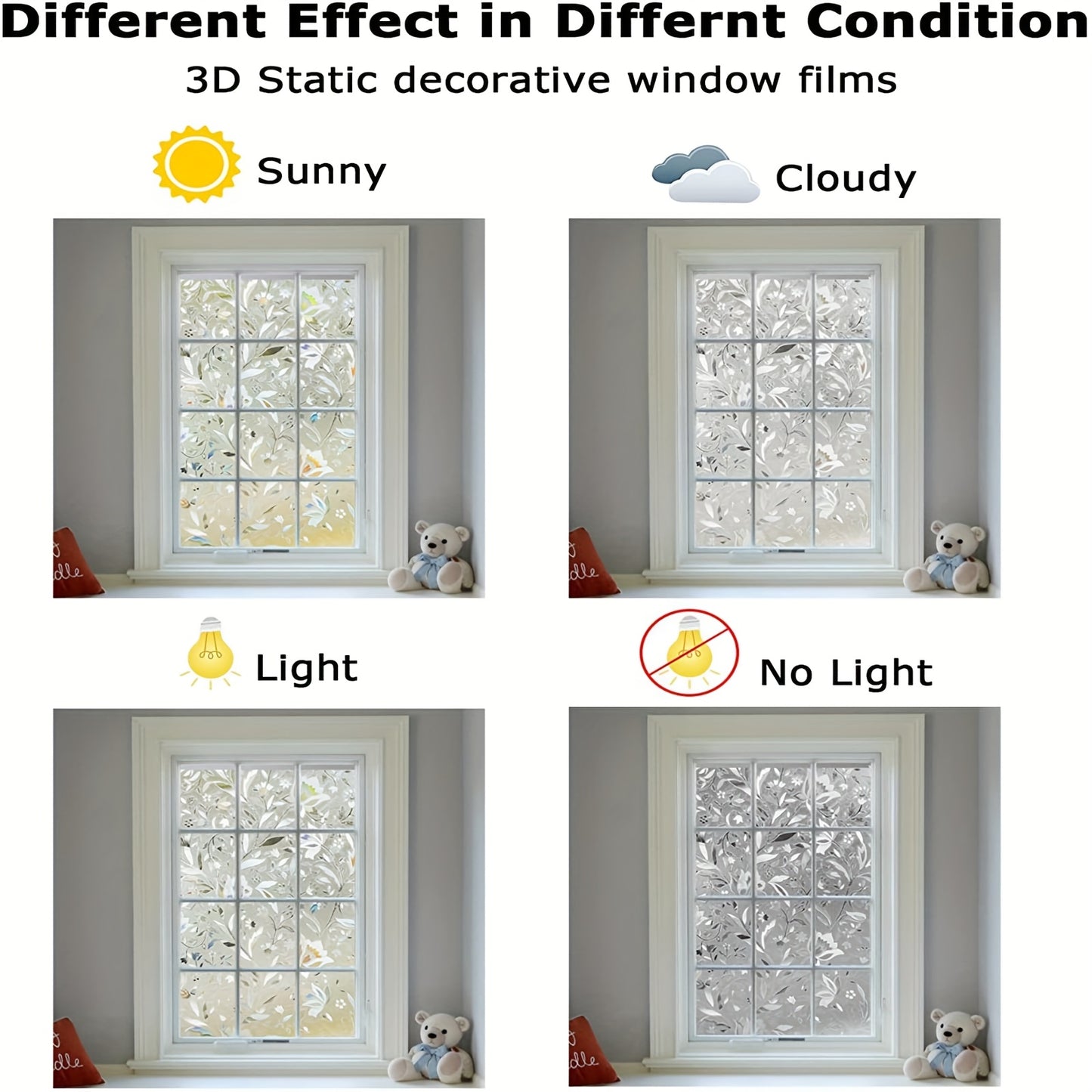 Elegant Privacy Film Transparent Anti-Peep Window Film Elegant Tulip Design Self-Adhesive Glue-Free 2mil Thick PET PVC Easy Installation for Office Living Room Decor