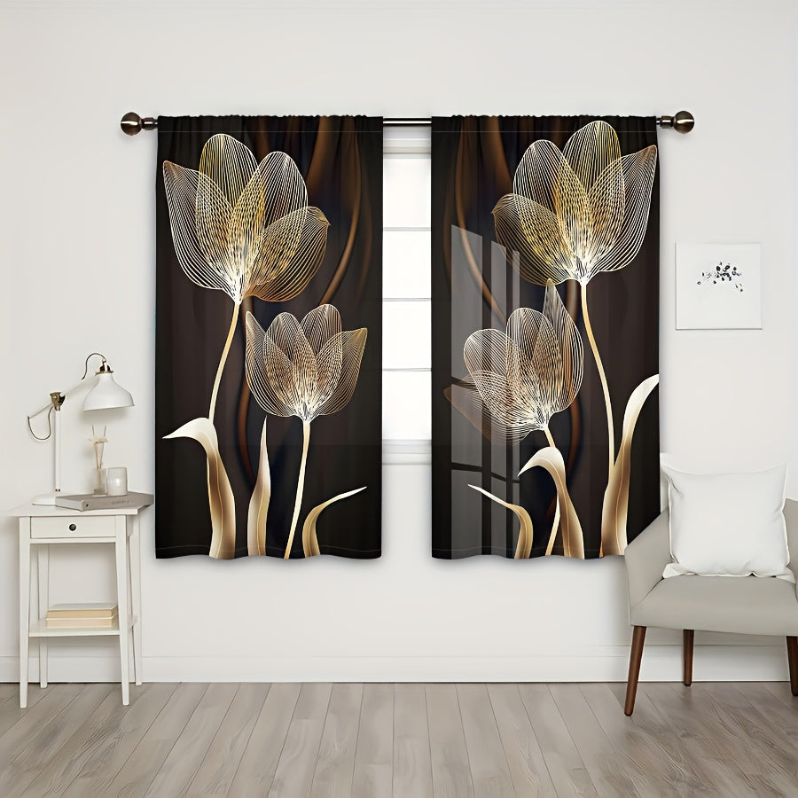 2 Panels Elegant Golden And Black Flower Pattern Printed Curtains Luxury Art Style Semi Blackout Rod Pocket For Living Room Bedroom Dining Room Kitchen Balcony Holiday Anniversary