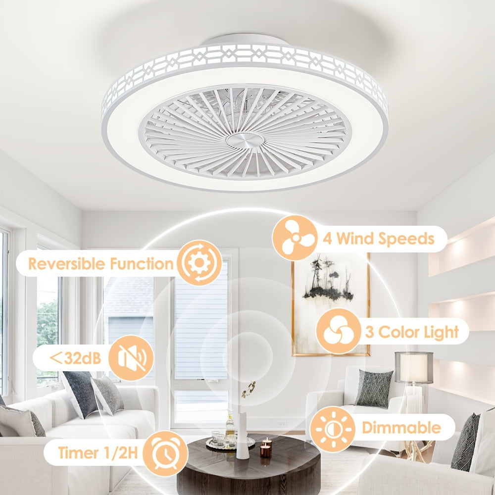 20 Inch Modern Flush Mount Bladeless Ceiling Fan with LED Light Reversible Dimmable 3 Color Temperatures and 4 Speed Settings Quiet Operation for Bedroom and Living Room