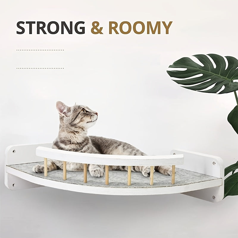 5pcs Wall Mounted Cat Rack with 4 Steps and Felt Padded Wooden Cat Bed Hammock in Black White and Wood