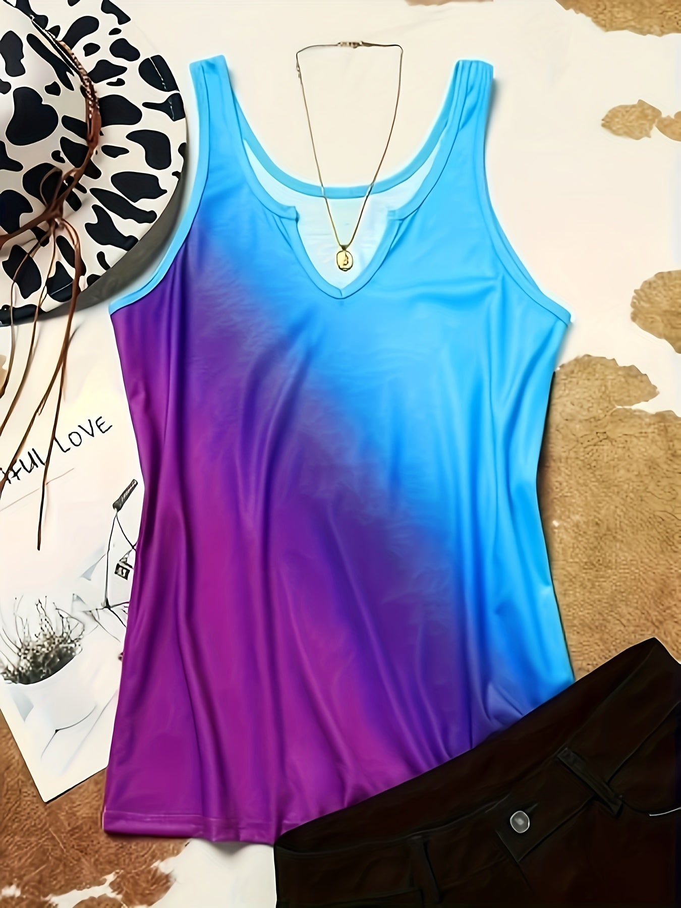 Vibrant Ombre Notched Neck Tank Top for Spring and Summer Wear