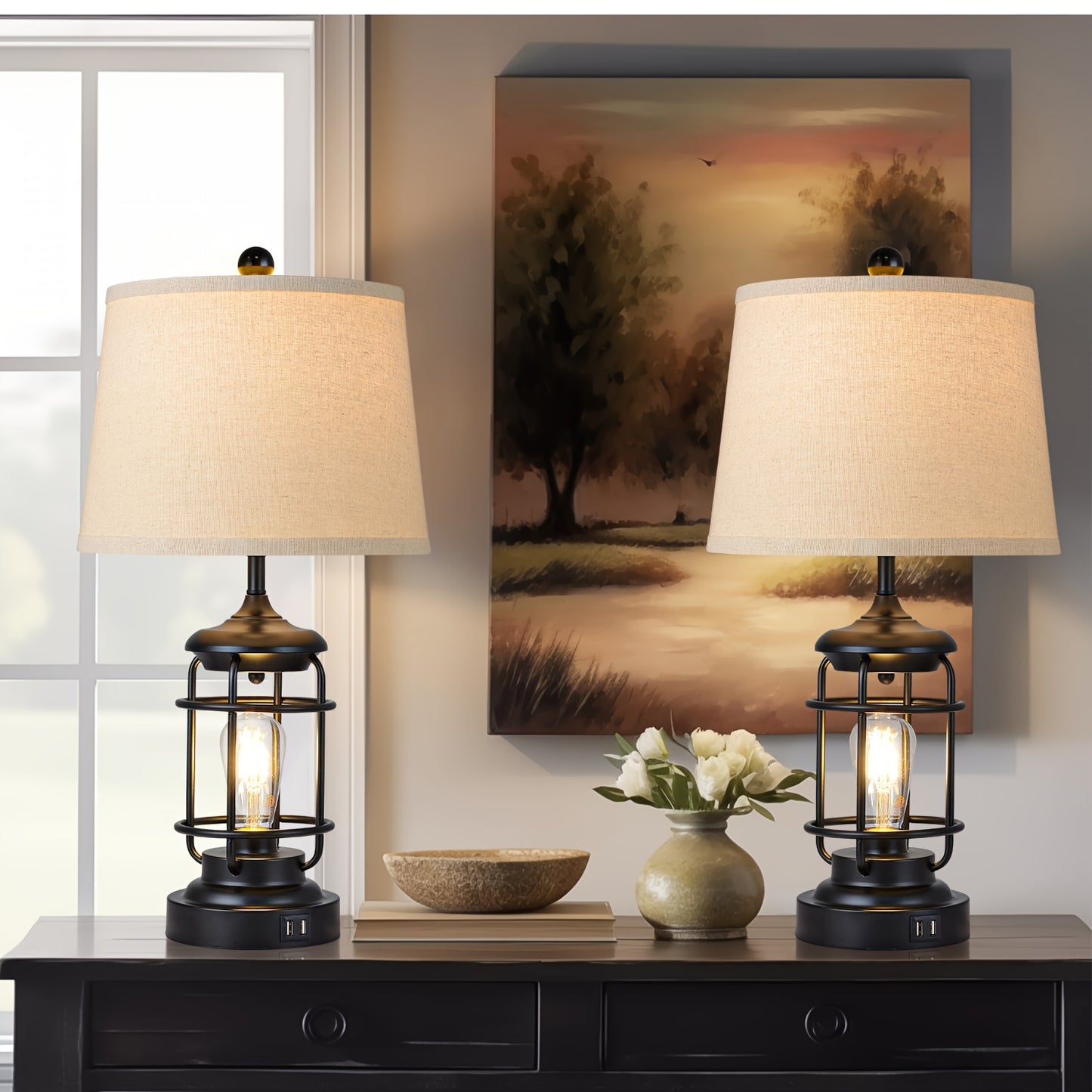 2 Set Farmhouse Table Lamps with 4 LED Bulbs 9W Bright Rotary Switch Top Light Touch Control 3 Way Dimmable Nightstand Lamps Dual USB Ports Natural Linen Shade Metal Black 22 Inch
