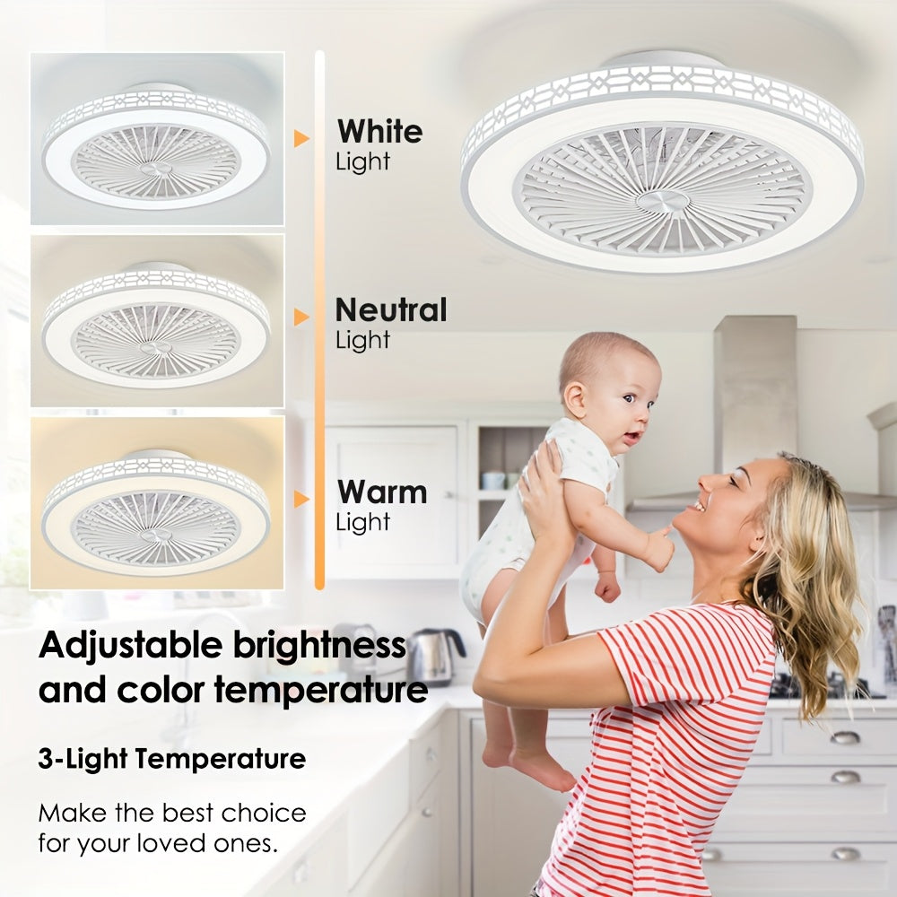 20 Inch Modern Flush Mount Bladeless Ceiling Fan with LED Light Reversible Dimmable 3 Color Temperatures and 4 Speed Settings Quiet Operation for Bedroom and Living Room