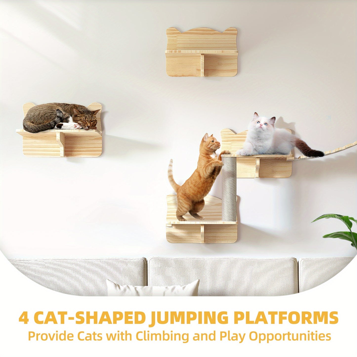 Natural Pine Cat Tree 9pcs Wall-Mounted Set with Condo