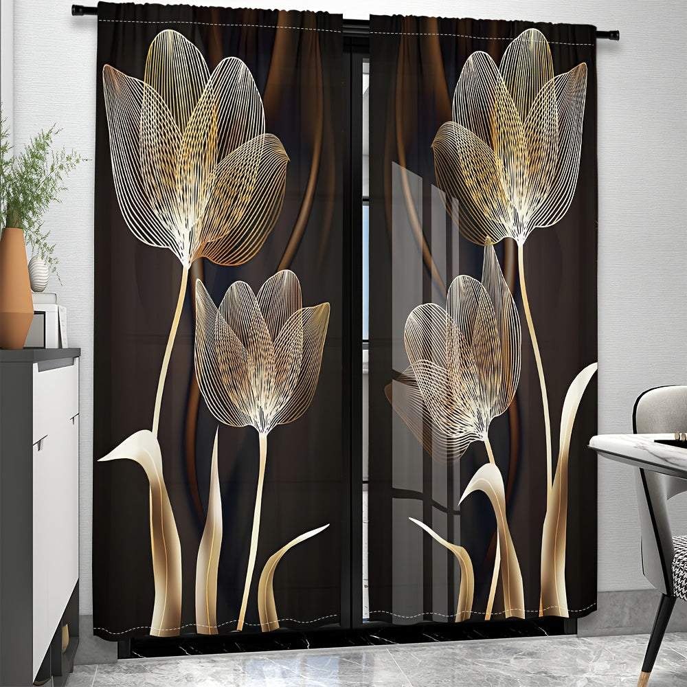 2 Panels Elegant Golden And Black Flower Pattern Printed Curtains Luxury Art Style Semi Blackout Rod Pocket For Living Room Bedroom Dining Room Kitchen Balcony Holiday Anniversary