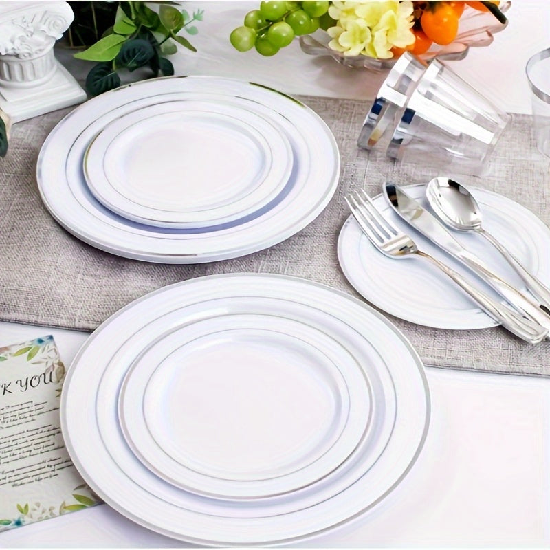 A Set Of Silvery Disposable Tableware For Weddings And Parties
