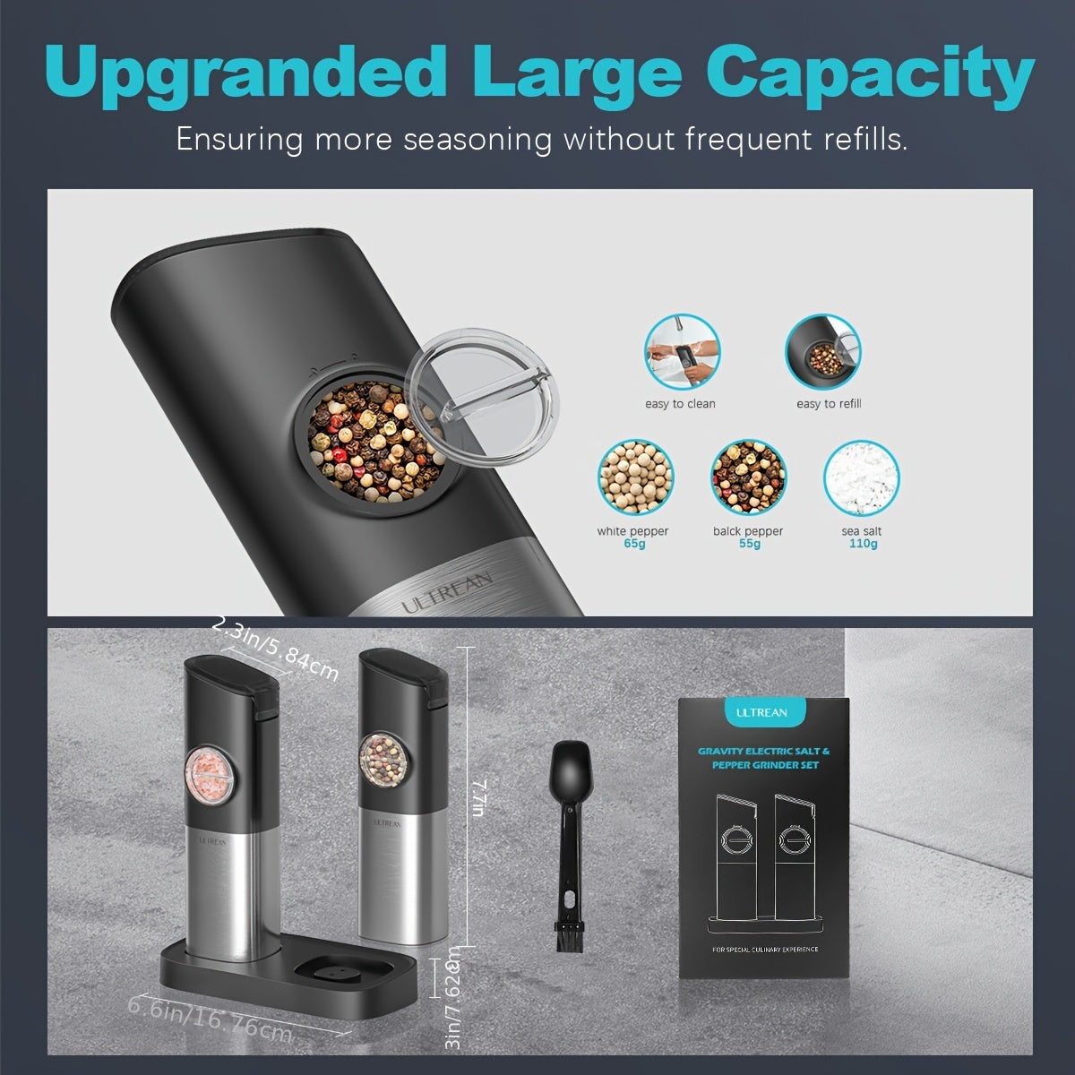 USB Rechargeable Ultrean Gravity Electric Salt And Pepper Grinder Set