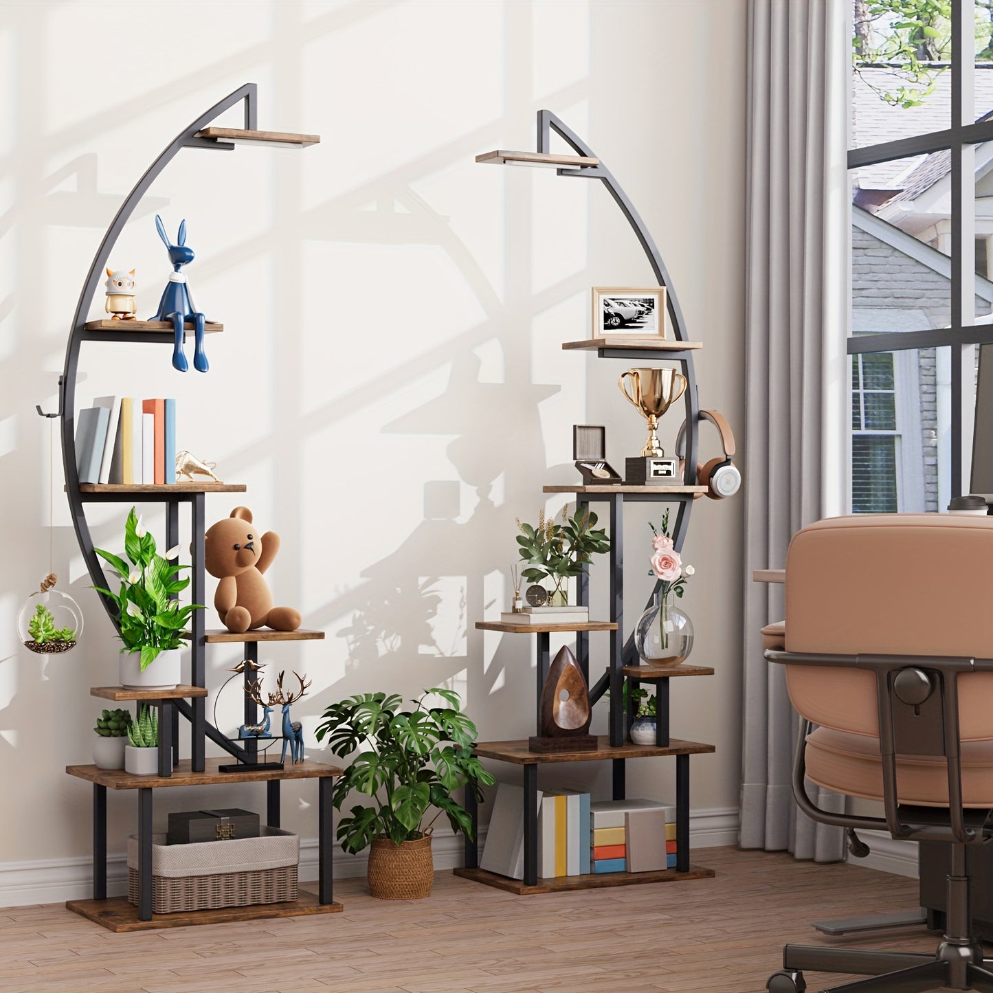 65 Inch Multi Functional Metal Black and Brown 7 Tiered Two Piece Bookshelf with Lights Wooden Bookcase for Books Handicraft Decorations Frames Multiple Corner Display Stand for Living Room Study Room Bedroom Hallway Good Gift Choice