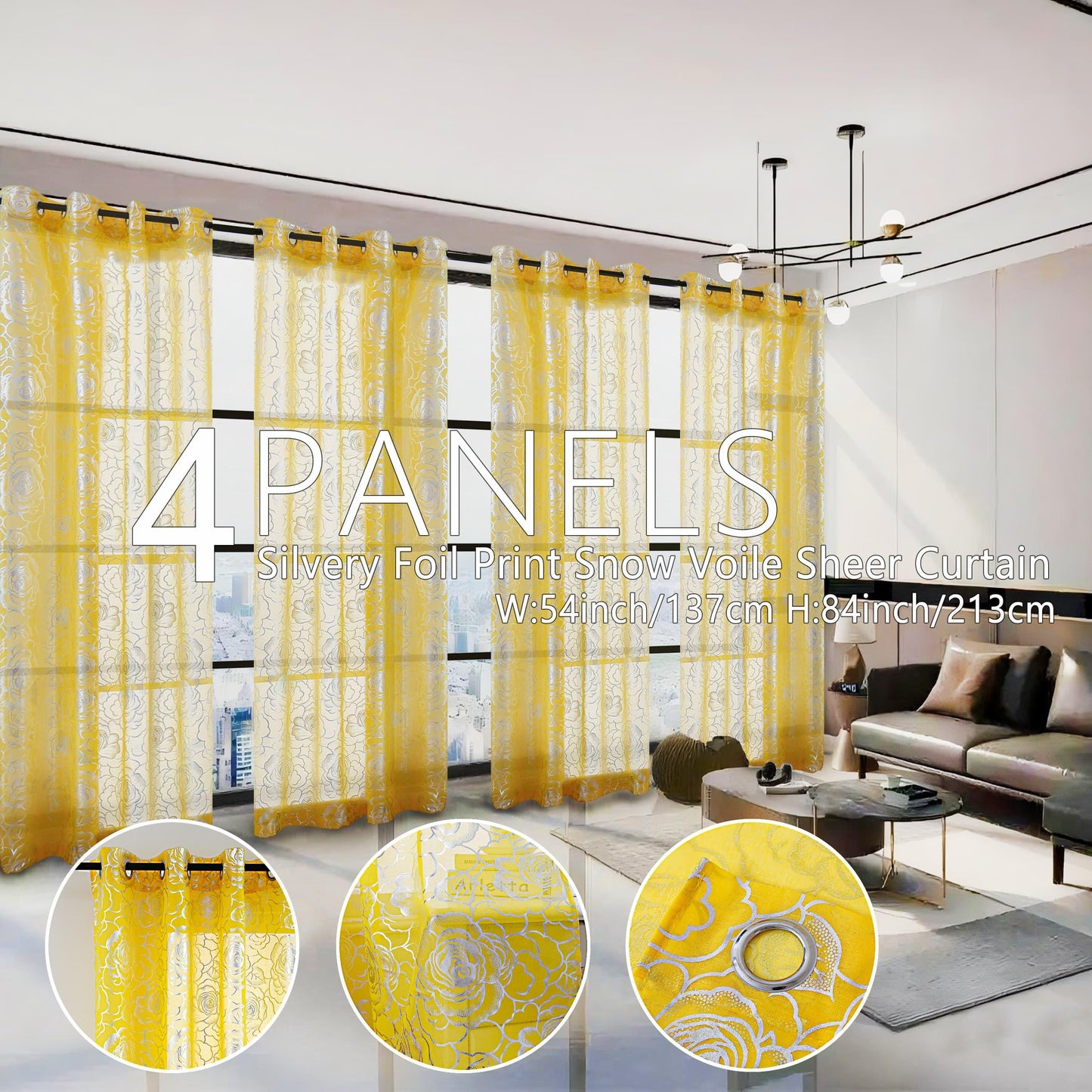 4 Panels Transparent Snow Voile Curtains Silvery Foil Printed Roses Design Living Room Bedroom Set of 4 Room Decor Home Decor