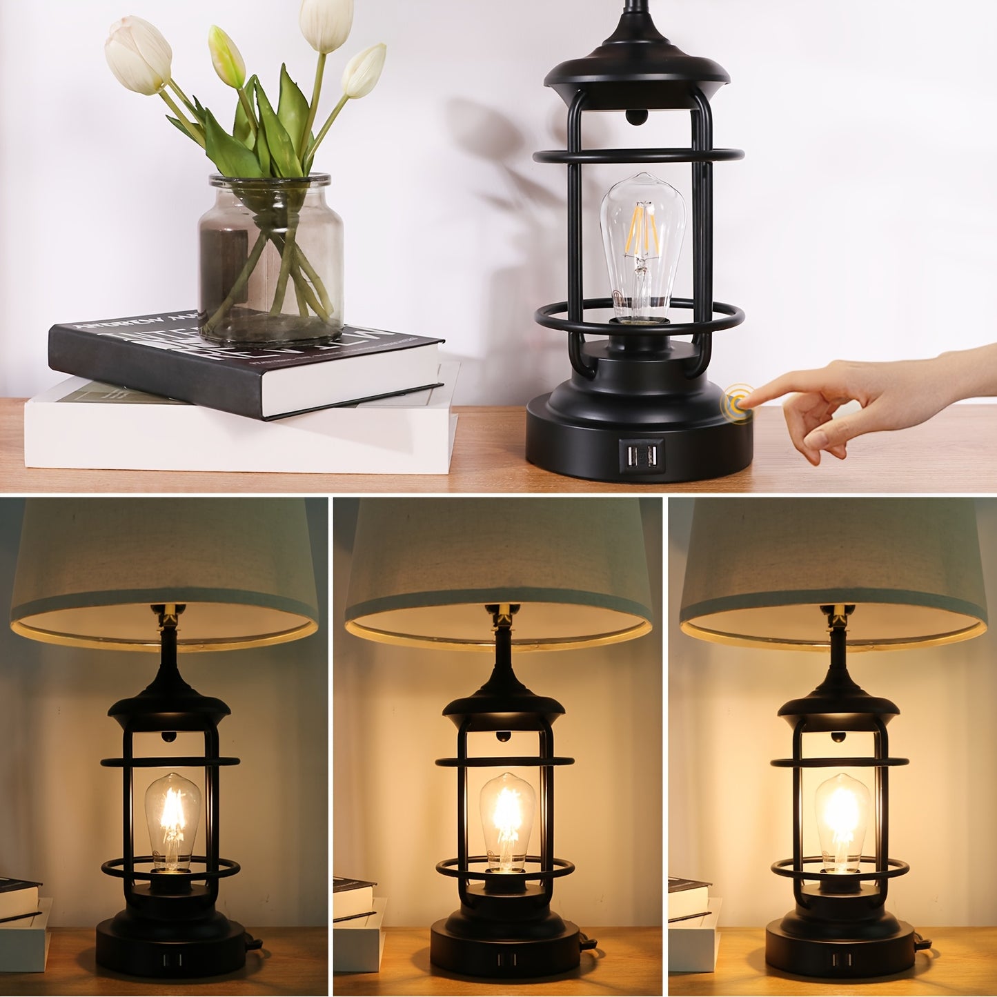 2 Set Farmhouse Table Lamps with 4 LED Bulbs 9W Bright Rotary Switch Top Light Touch Control 3 Way Dimmable Nightstand Lamps Dual USB Ports Natural Linen Shade Metal Black 22 Inch