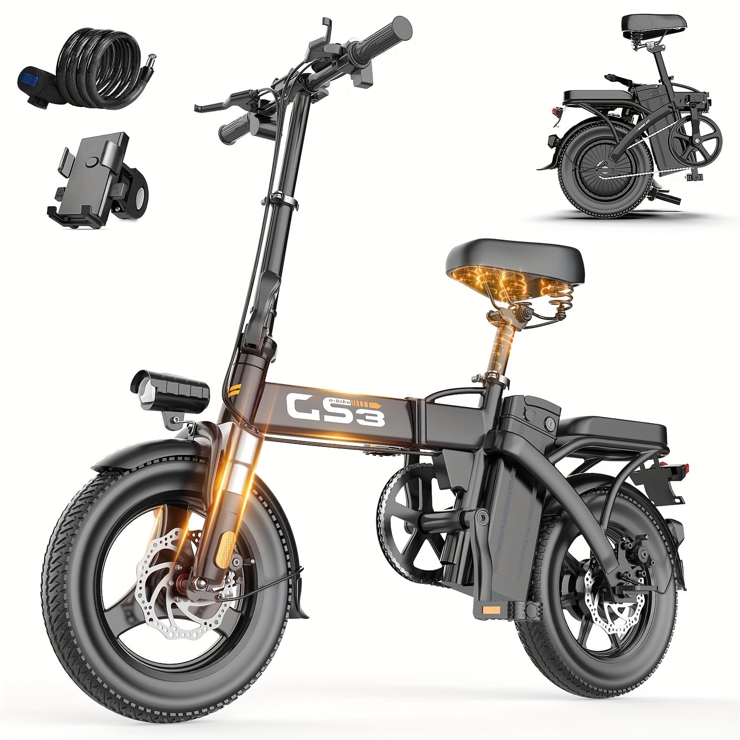 UPlee 740W Electric Bike For Adults 20MPH Full Shock Absorption Comfortable Riding 48V15Ah Max 32Miles Folding Ebike 14 Inch Tubeless Off Road Tire City Commuter Battery Optional