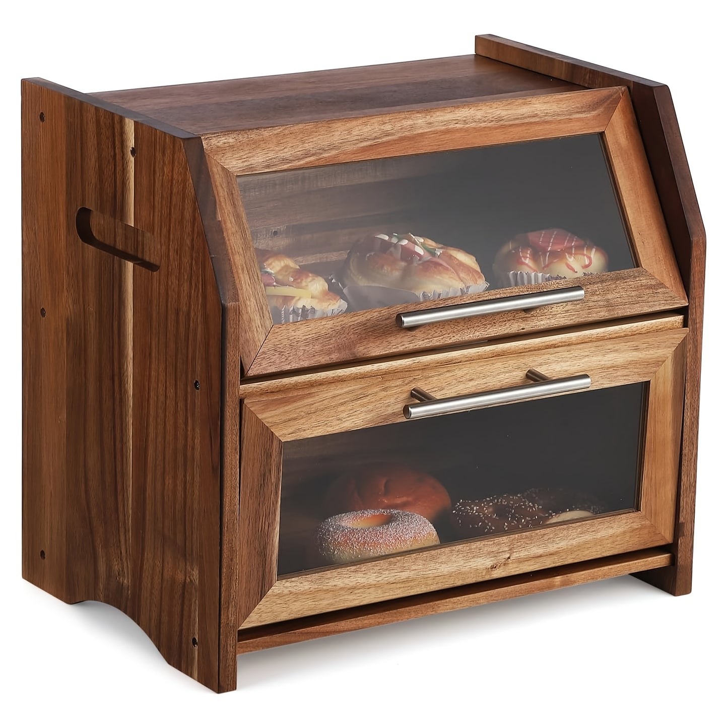 2 Layer Bread Box, Large Bread Bin With Clear Door Panels, Brown