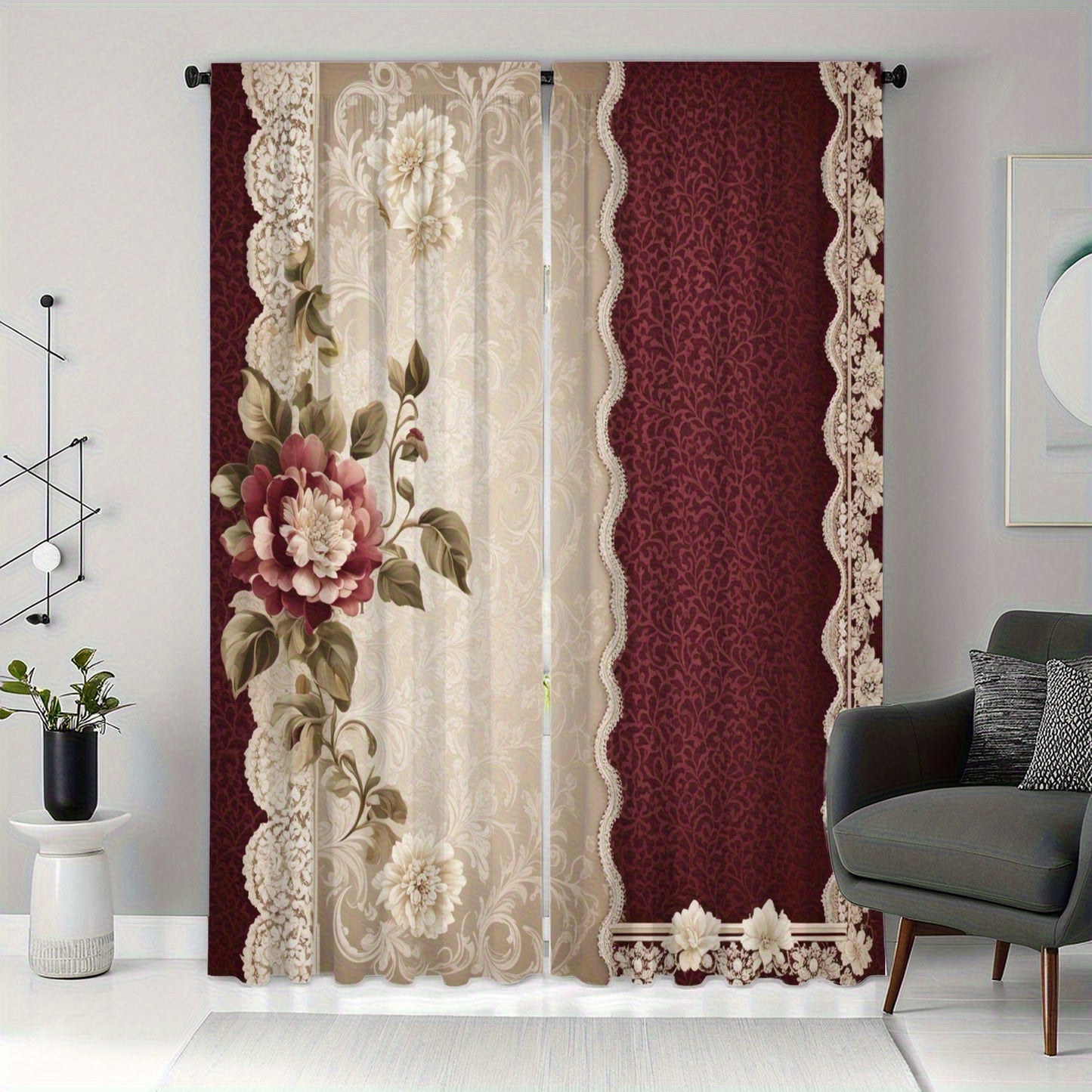 Elegant Floral and Paisley Lace Edge Curtains Set of 2 Red and White Semi-Transparent Polyester Rod Pocket Design Perfect for Living Room Bedroom and Study Machine Washable Durable Microfiber