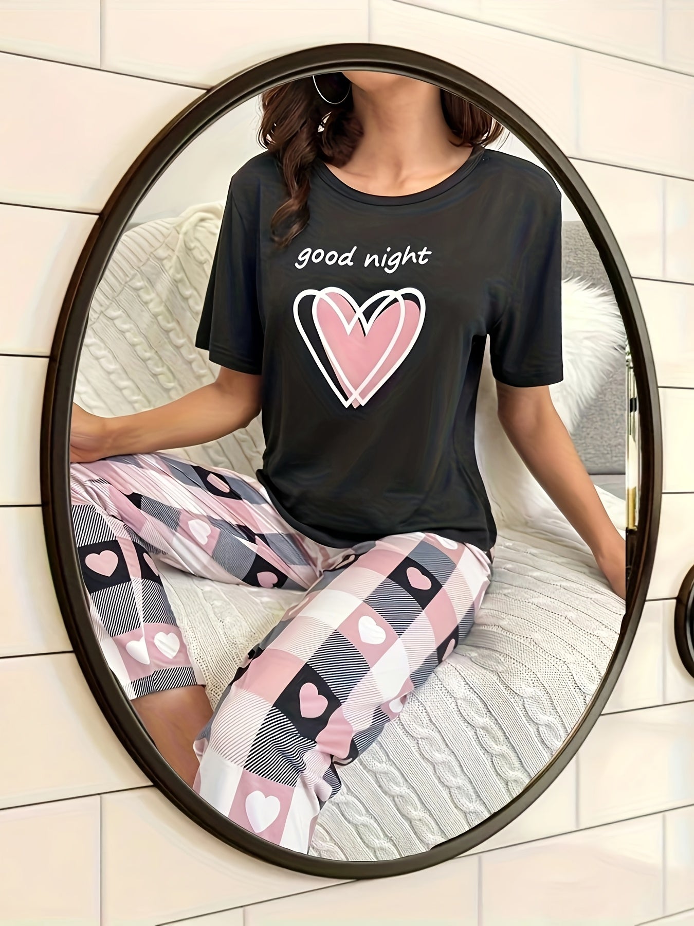 Women's 2pcs Heart & Letter Print Pajama Set for All Seasons