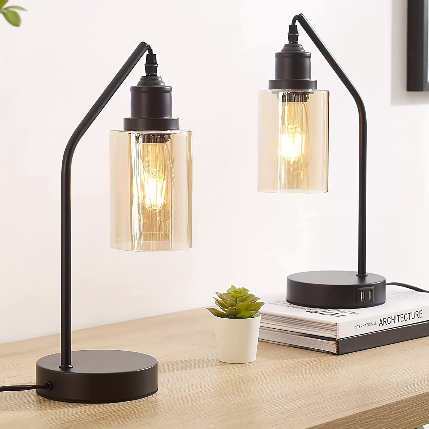 Matte Black 2 Pack 16 Inch Industrial Nightstand Table Lamp 3 Way Dimmable Touch Control Amber Glass Shade Dual USB Charging Ports Includes LED Filament Bulbs Small Desk Lamp for Living Room Bedroom Home Office