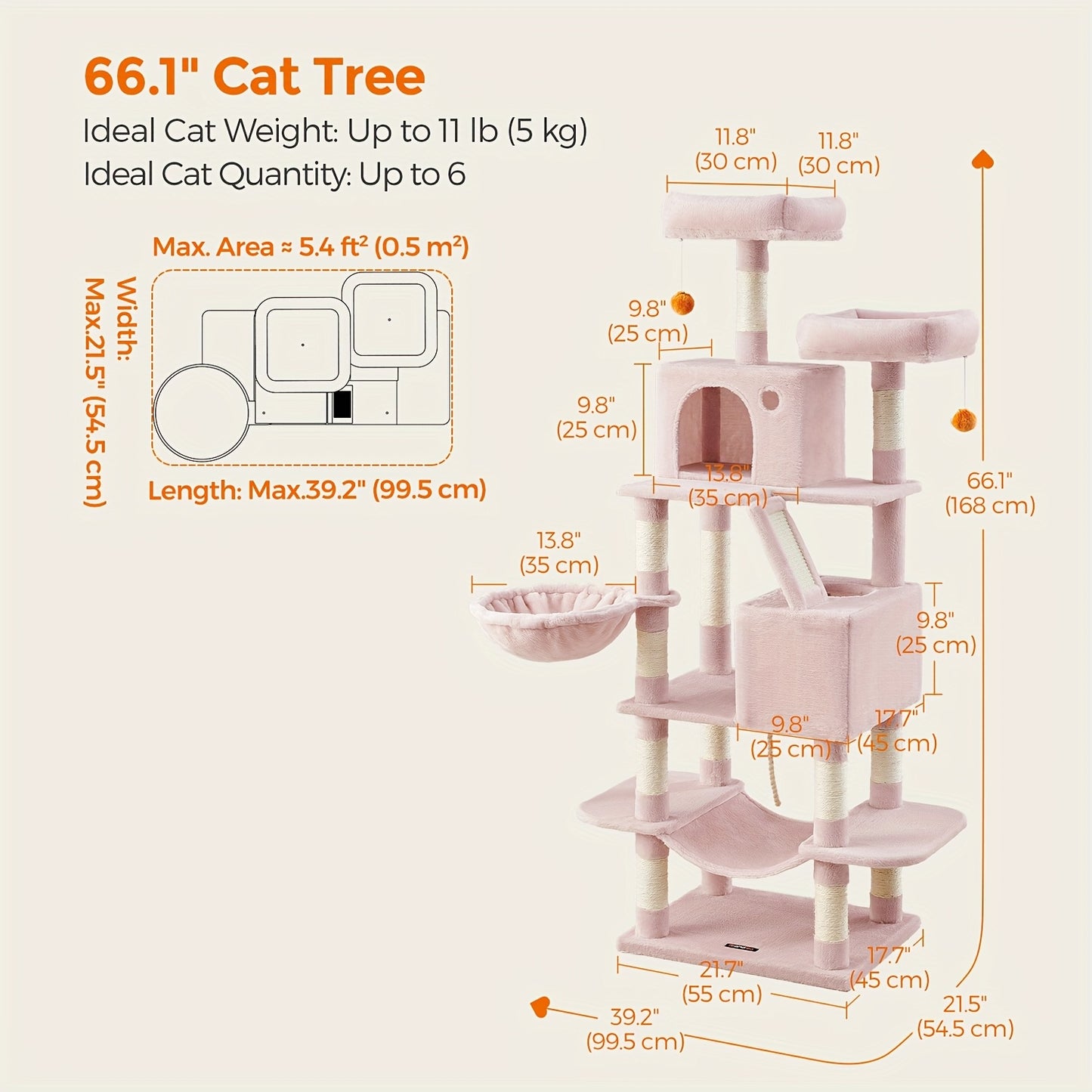 Feandrea Cat Tree 44/66.1in Large Plush Condo for Cats