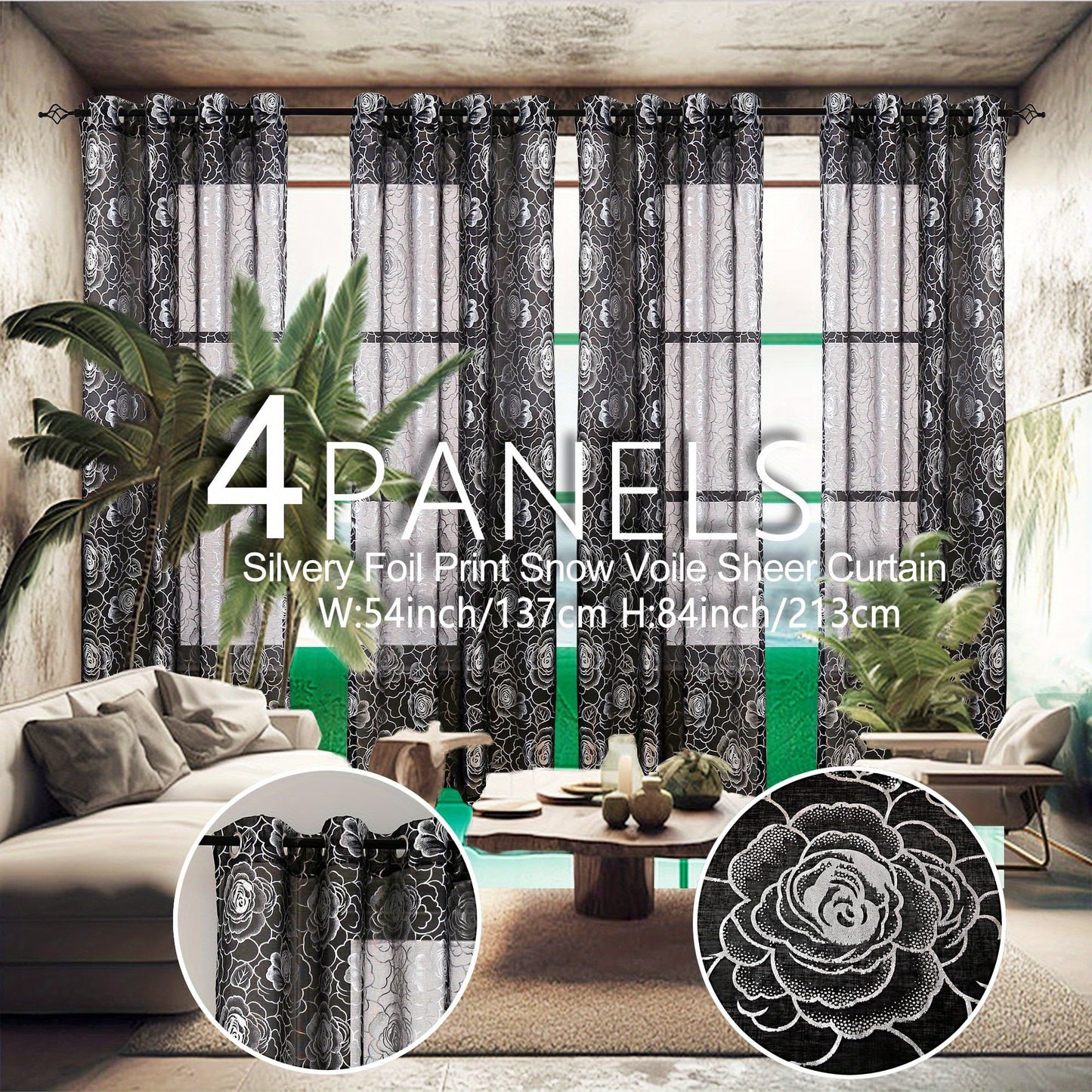 4 Panels Transparent Snow Voile Curtains Silvery Foil Printed Roses Design Living Room Bedroom Set of 4 Room Decor Home Decor