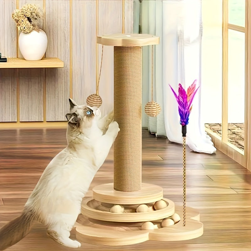 Vertical Cat Scratching Tower with Solid Wood Construction Sisal Rope Scratching Surface Cozy Cat Nest Climbing Frame Wear-Resistant Teasing Stick Toy for Multi-Cat Households