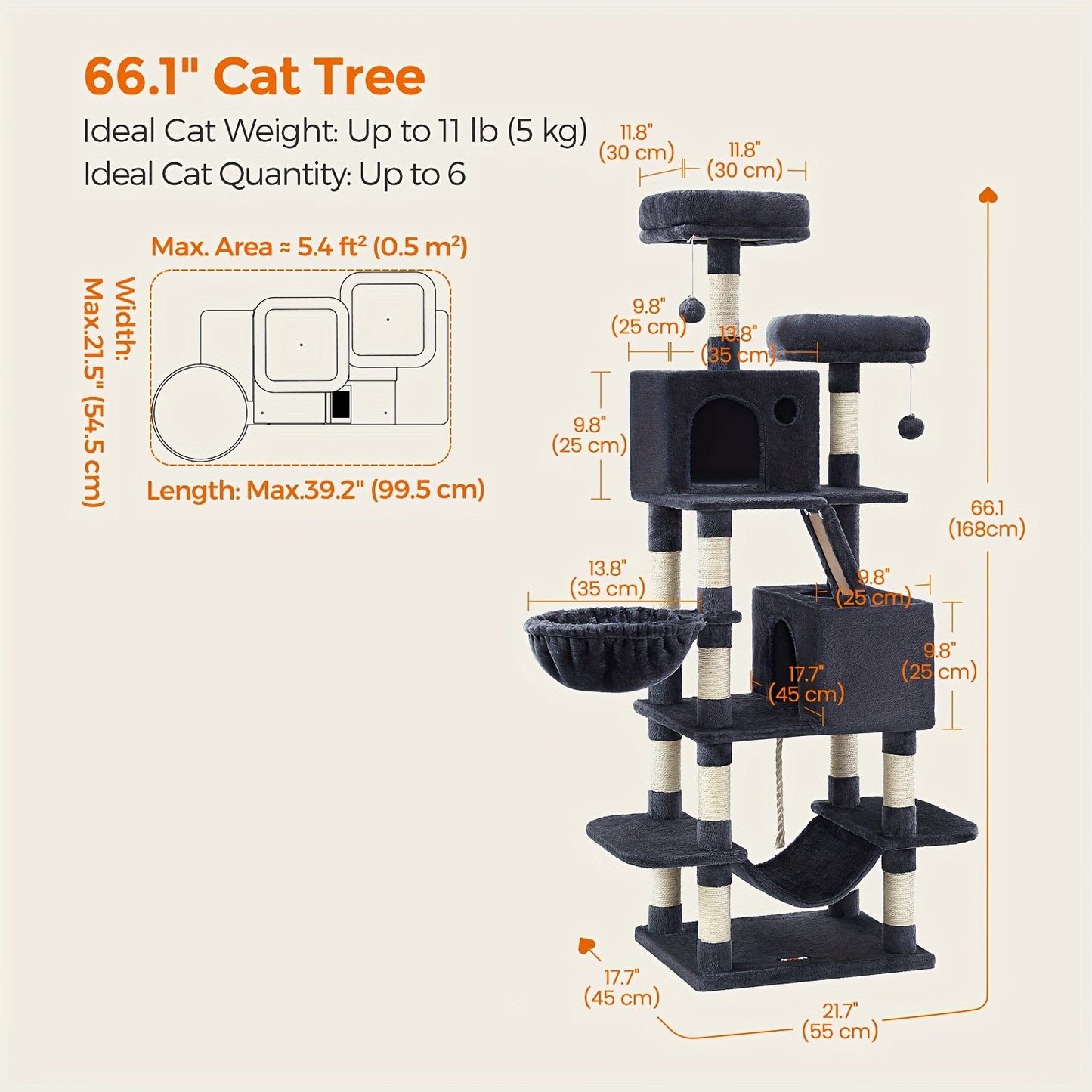 Feandrea Cat Tree 44/66.1in Large Plush Condo for Cats