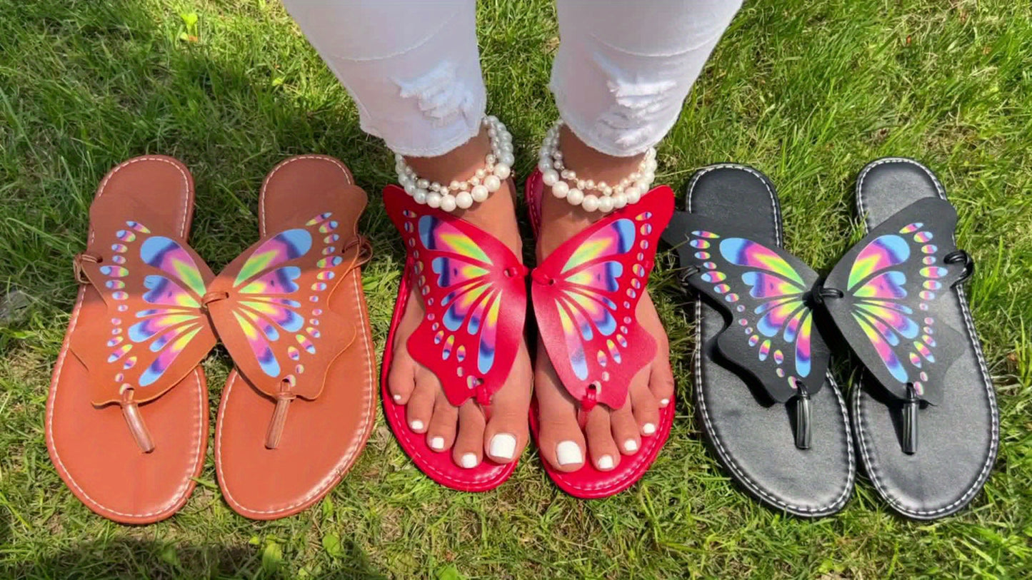 Women's Butterfly Flip Flops, Faux Leather Thong Slippers