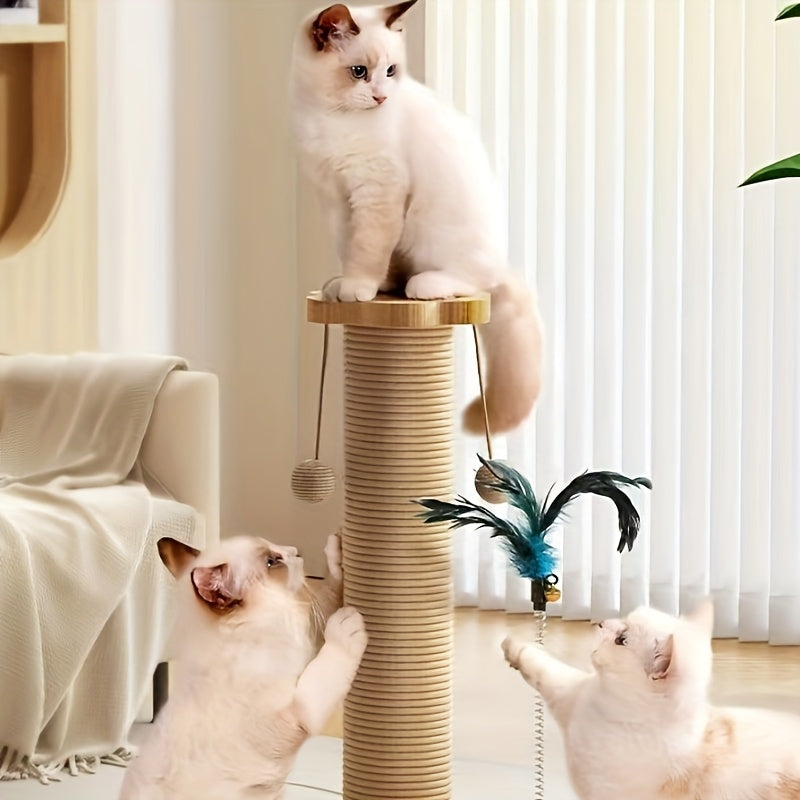 Vertical Cat Scratching Tower with Solid Wood Construction Sisal Rope Scratching Surface Cozy Cat Nest Climbing Frame Wear-Resistant Teasing Stick Toy for Multi-Cat Households