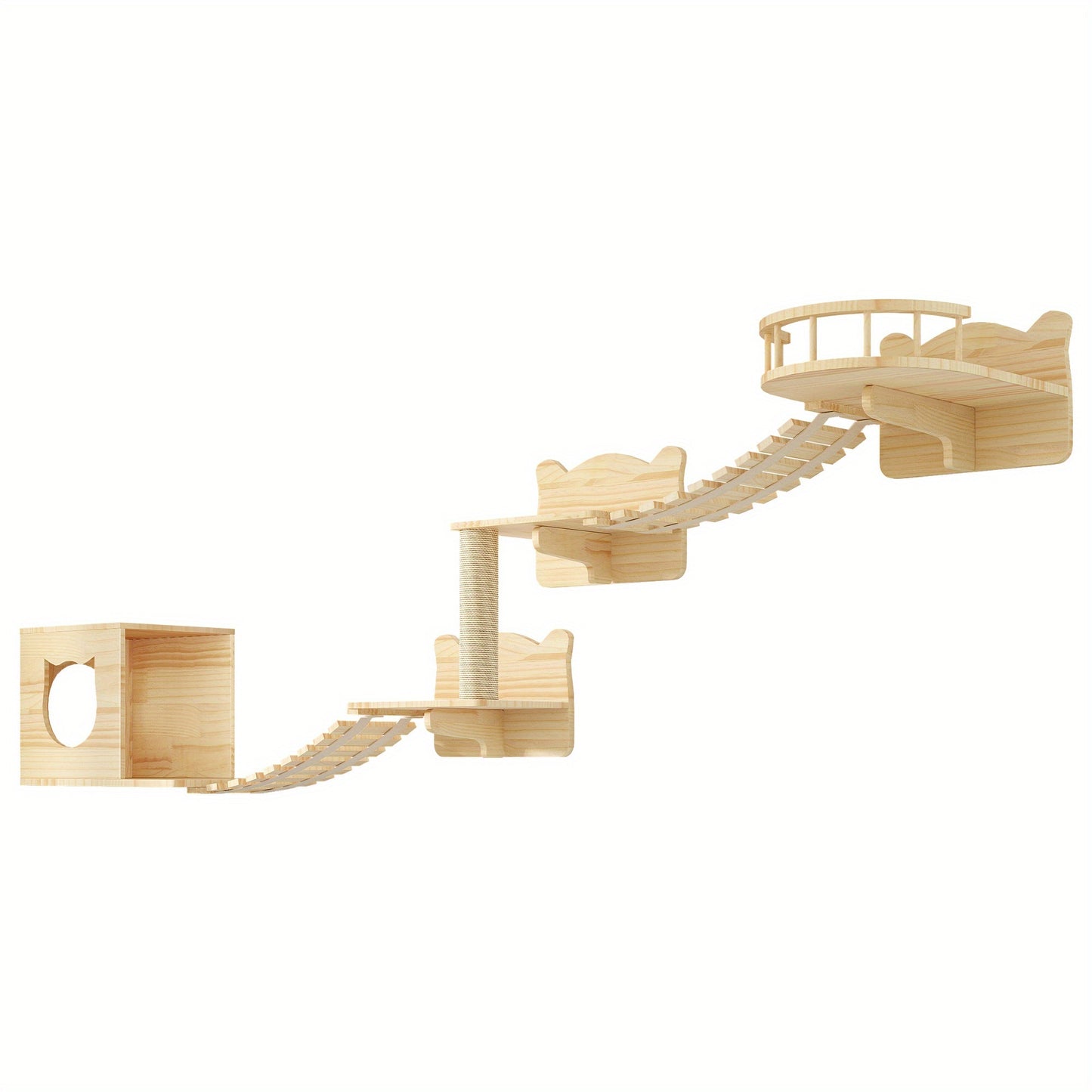 Natural Pine Cat Tree 9pcs Wall-Mounted Set with Condo
