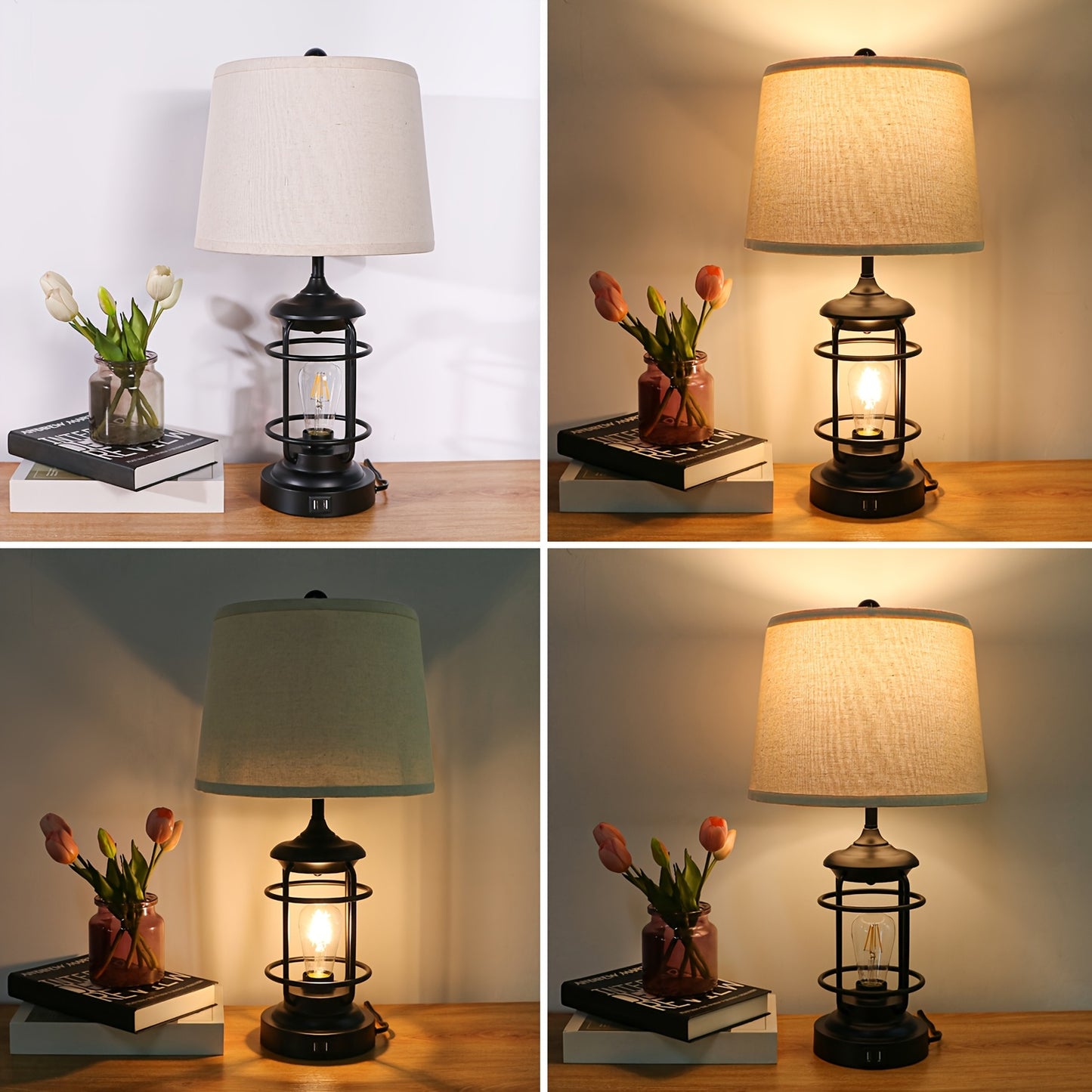 2 Set Farmhouse Table Lamps with 4 LED Bulbs 9W Bright Rotary Switch Top Light Touch Control 3 Way Dimmable Nightstand Lamps Dual USB Ports Natural Linen Shade Metal Black 22 Inch
