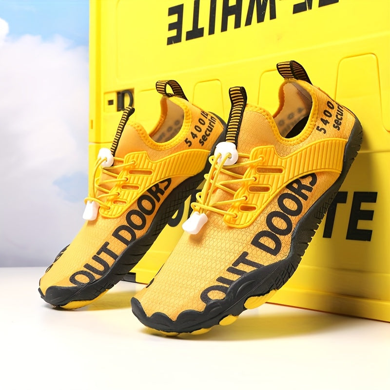 Men's Non Slip Breathable Water Shoes Lightweight Upper With Bright Yellow And Black Letter Print Rubber Sole Suitable For Outdoor And Casual Wear Modern Sports Shoes Durable Rubber Outsole High Quality Footwear