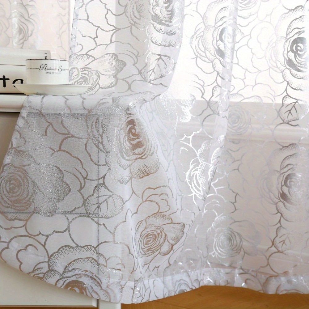 4 Panels Transparent Snow Voile Curtains Silvery Foil Printed Roses Design Living Room Bedroom Set of 4 Room Decor Home Decor