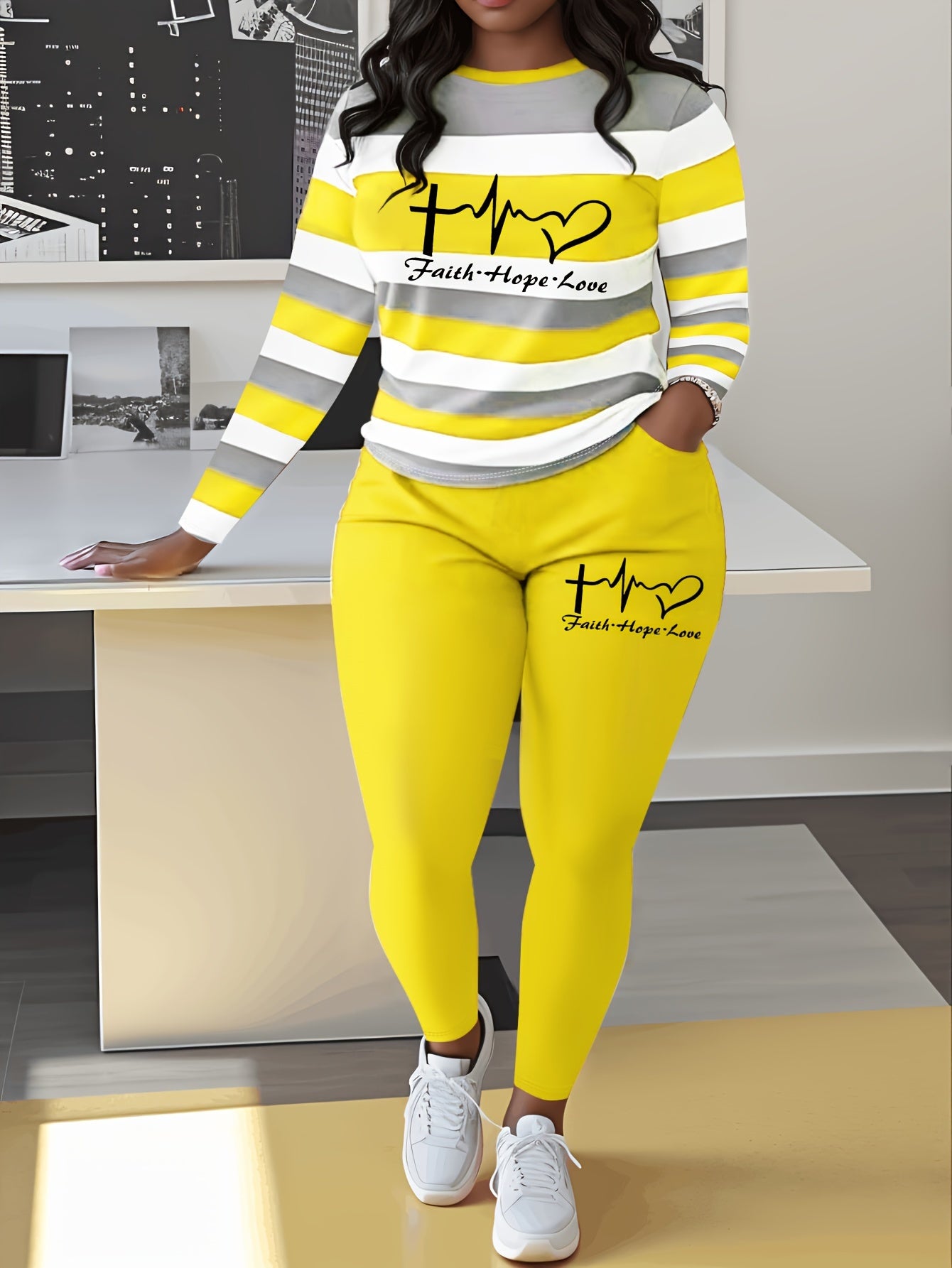 Plus Size Heart & Letter Print Two-piece Set Outfit