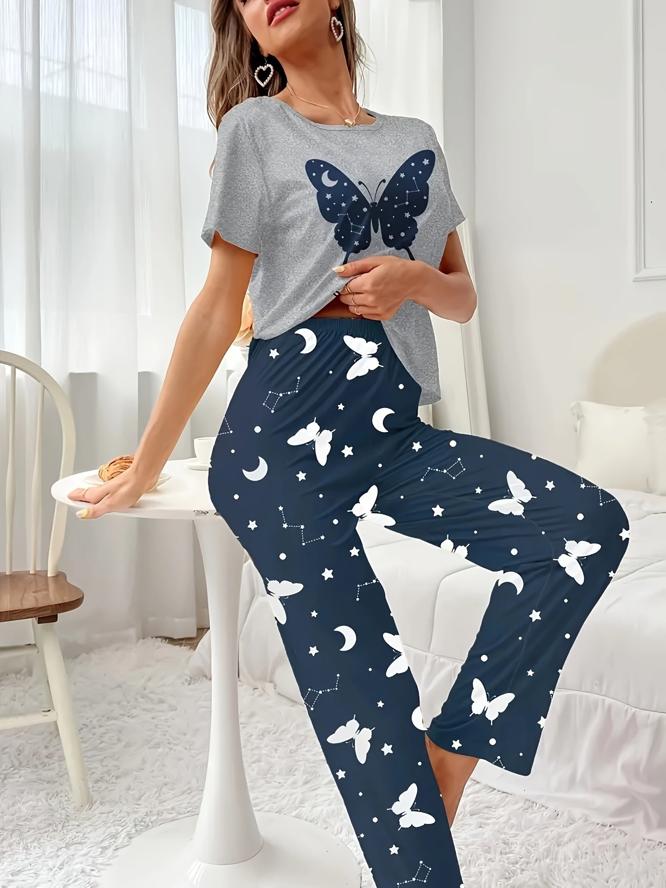 Women's 2pcs Heart & Letter Print Pajama Set for All Seasons