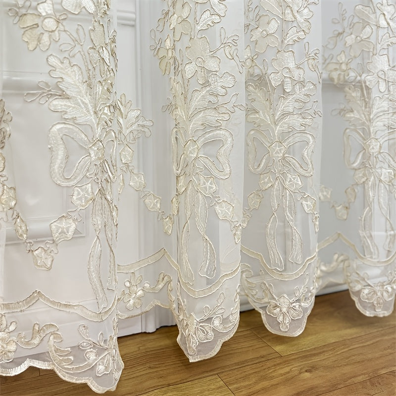 2pcs Tiyana Sheer Curtains with Golden Embroidery Elegant Floral Pattern Lightweight Polyester Grommet Top for Living Room and Bedroom All Season Thermal Insulation French Style Home Decor
