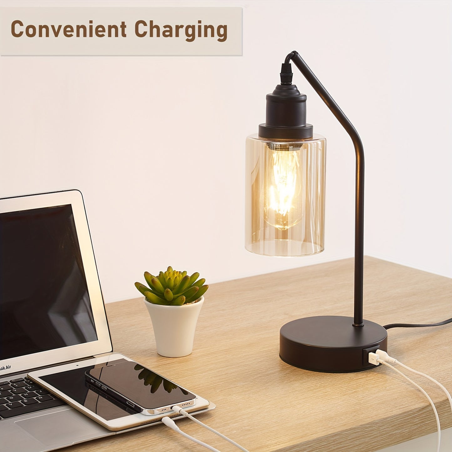 Matte Black 2 Pack 16 Inch Industrial Nightstand Table Lamp 3 Way Dimmable Touch Control Amber Glass Shade Dual USB Charging Ports Includes LED Filament Bulbs Small Desk Lamp for Living Room Bedroom Home Office