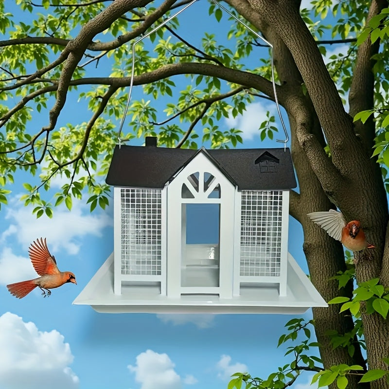 Metal Mesh Bird Feeder For Outdoor Hanging With Waterproof Roof And Seed Tray Large Capacity 4 Lbs For Garden Decoration