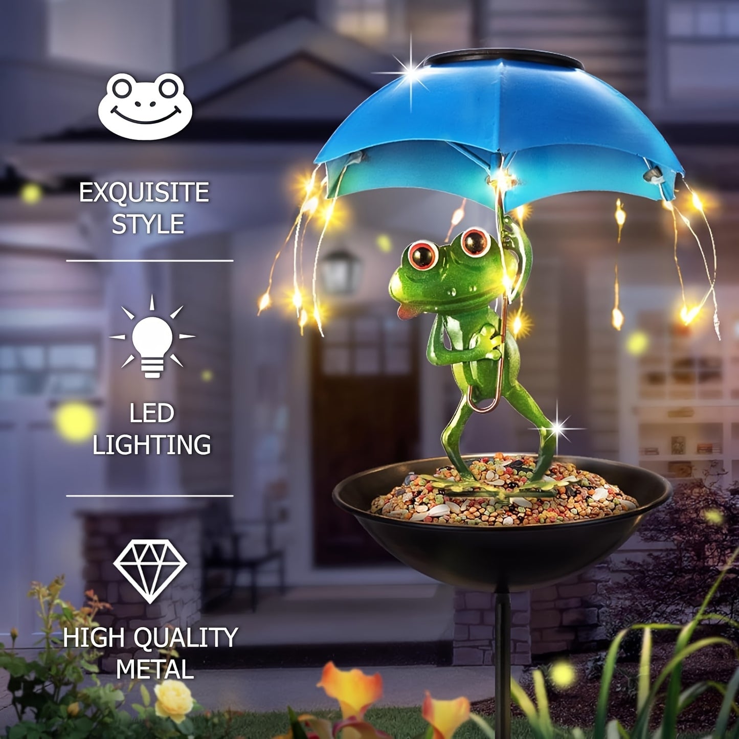 Solar Frog Statue Light Solar Powered Outdoor Garden Decoration with LED Light String Bird Feeder Hummingbird Feeder Suitable for Aisles Lawns Terraces