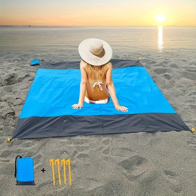 Foldable Beach Mat with 4 Corner Stakes for Outdoor Use