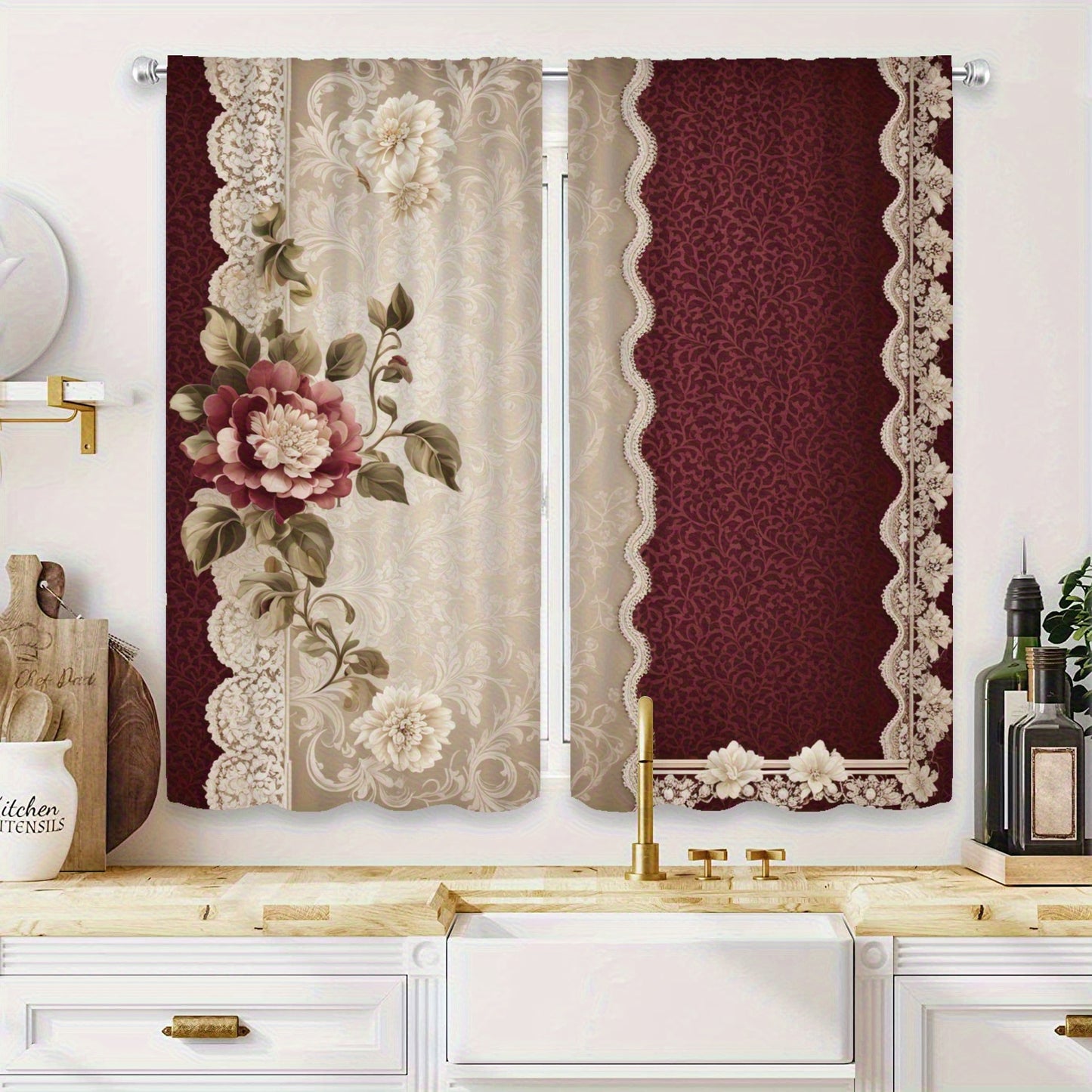 Elegant Floral and Paisley Lace Edge Curtains Set of 2 Red and White Semi-Transparent Polyester Rod Pocket Design Perfect for Living Room Bedroom and Study Machine Washable Durable Microfiber