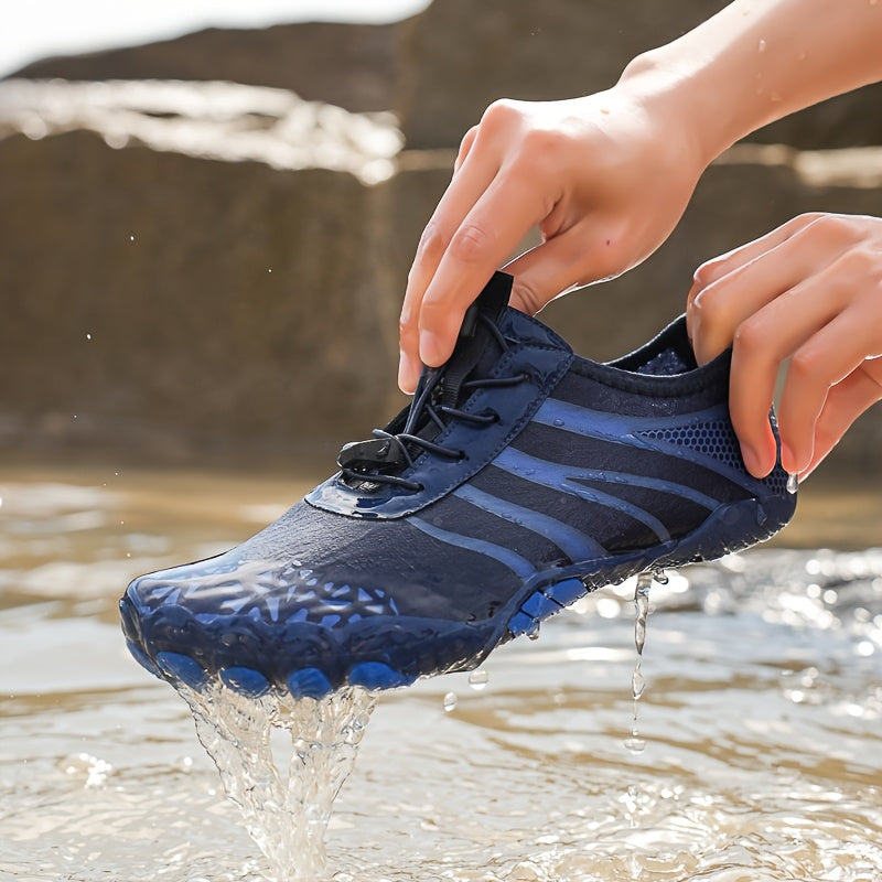 Quick Dry Men's Water Shoes with Adjustable Laces Breathable Mesh Non Slip Rubber Sole Versatile for Yoga Fitness Hiking Fishing Surfing and Cycling Blue and Black Striped
