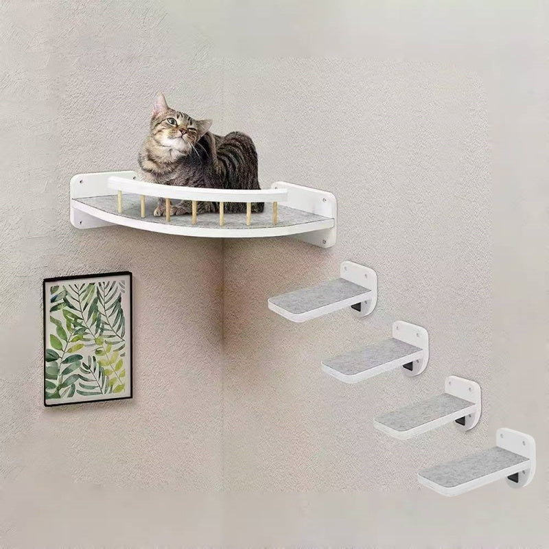 5pcs Wall Mounted Cat Rack with 4 Steps and Felt Padded Wooden Cat Bed Hammock in Black White and Wood